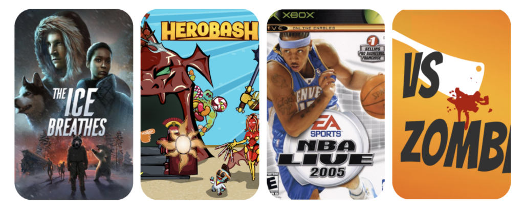 Cover images for: "The Ice Breathes" "Herobash" "NBA Live 2005" "vs Zombie"